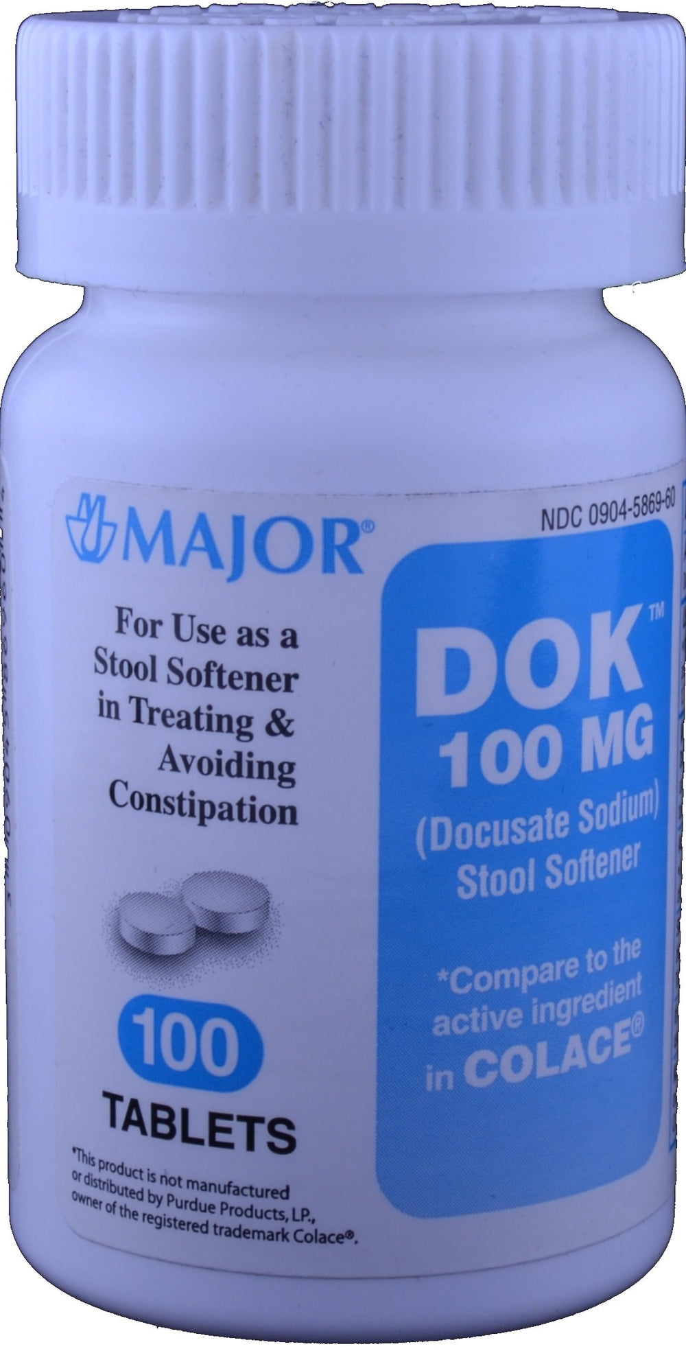 MAJOR Docucate Sodium 100 mg package label showing total tablets in bottle set.