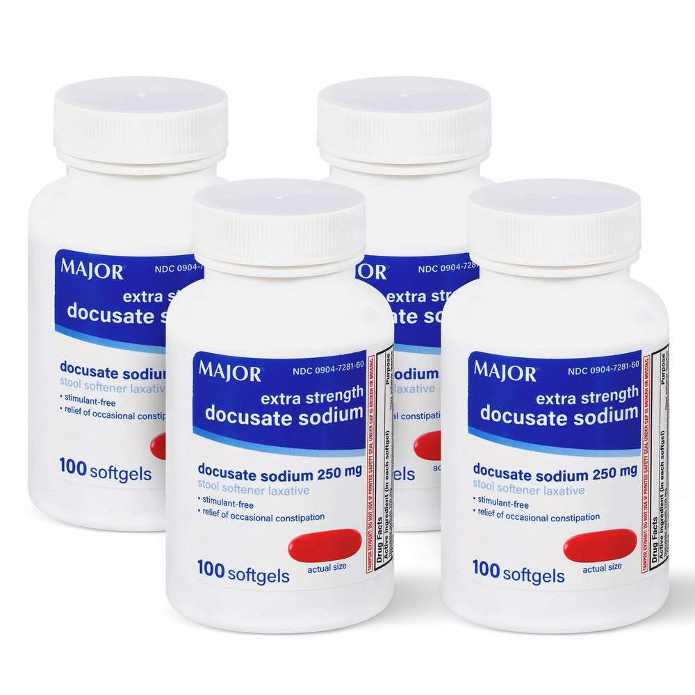 MAJOR Docusate Sodium bottle display showing gentle, occasional constipation relief.