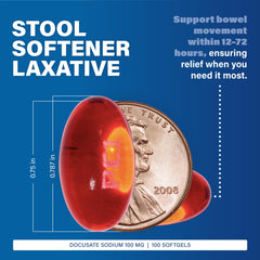 MAJOR Docusate Sodium bottle label visible, stimulant-free stool softening option.