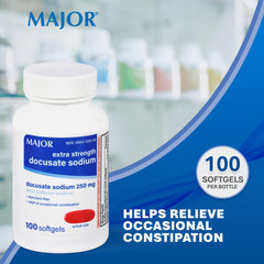 MAJOR Docusate Sodium softgel close-up of swallow-friendly capsules.