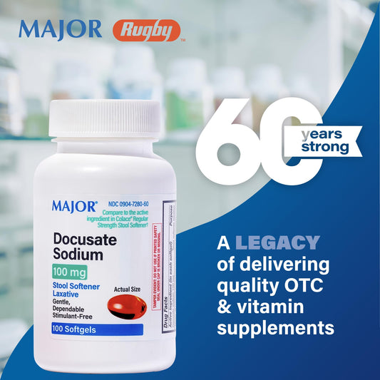 MAJOR Docusate Softgels bottle with easy-to-swallow capsules for convenient use.