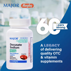 MAJOR Docusate Softgels bottle with easy-to-swallow capsules for convenient use.