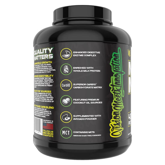 Major Mass bottle with label highlighting balanced macros for muscle support