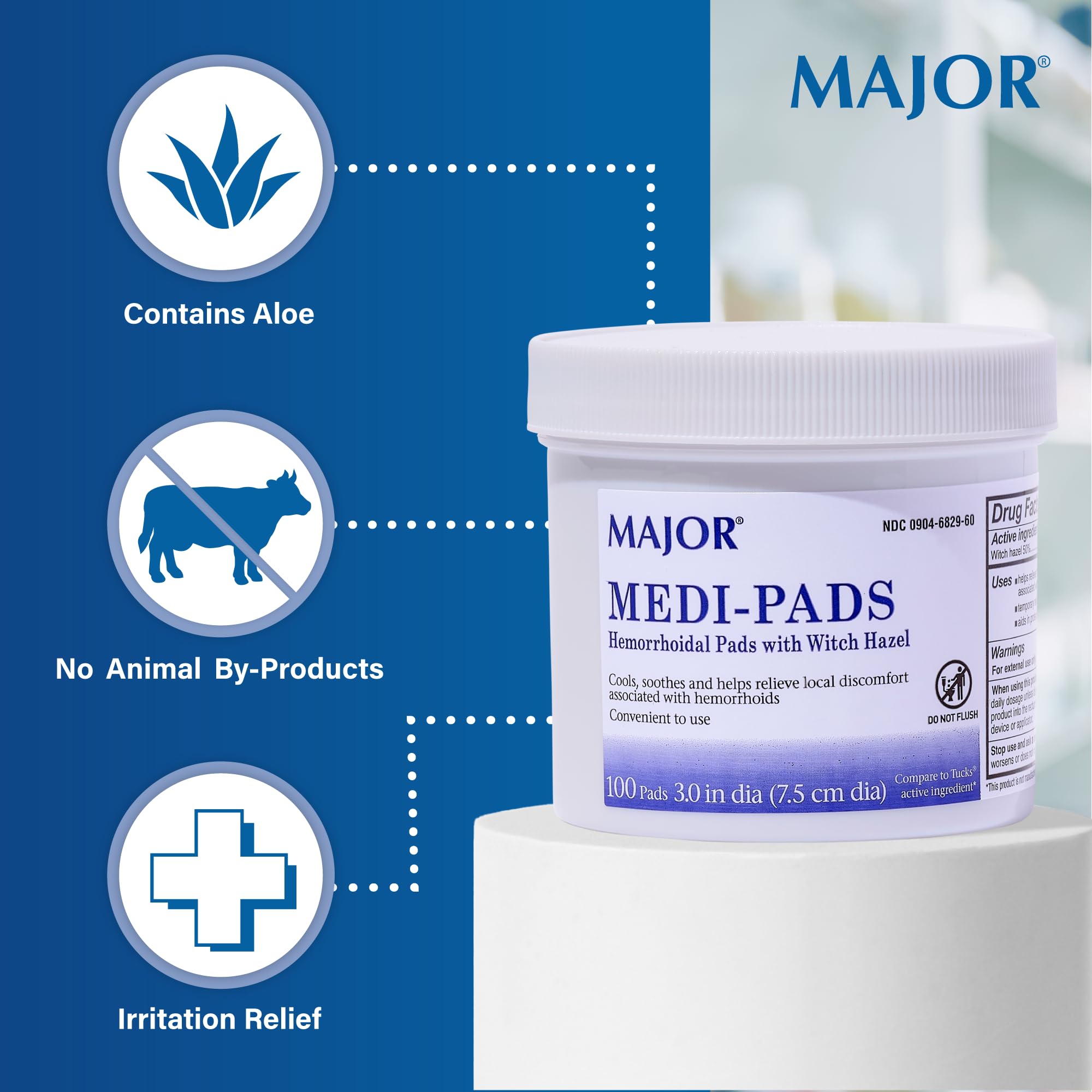 MAJOR Medi-Pads highlight witch hazel and aloe ingredients for soothing care.