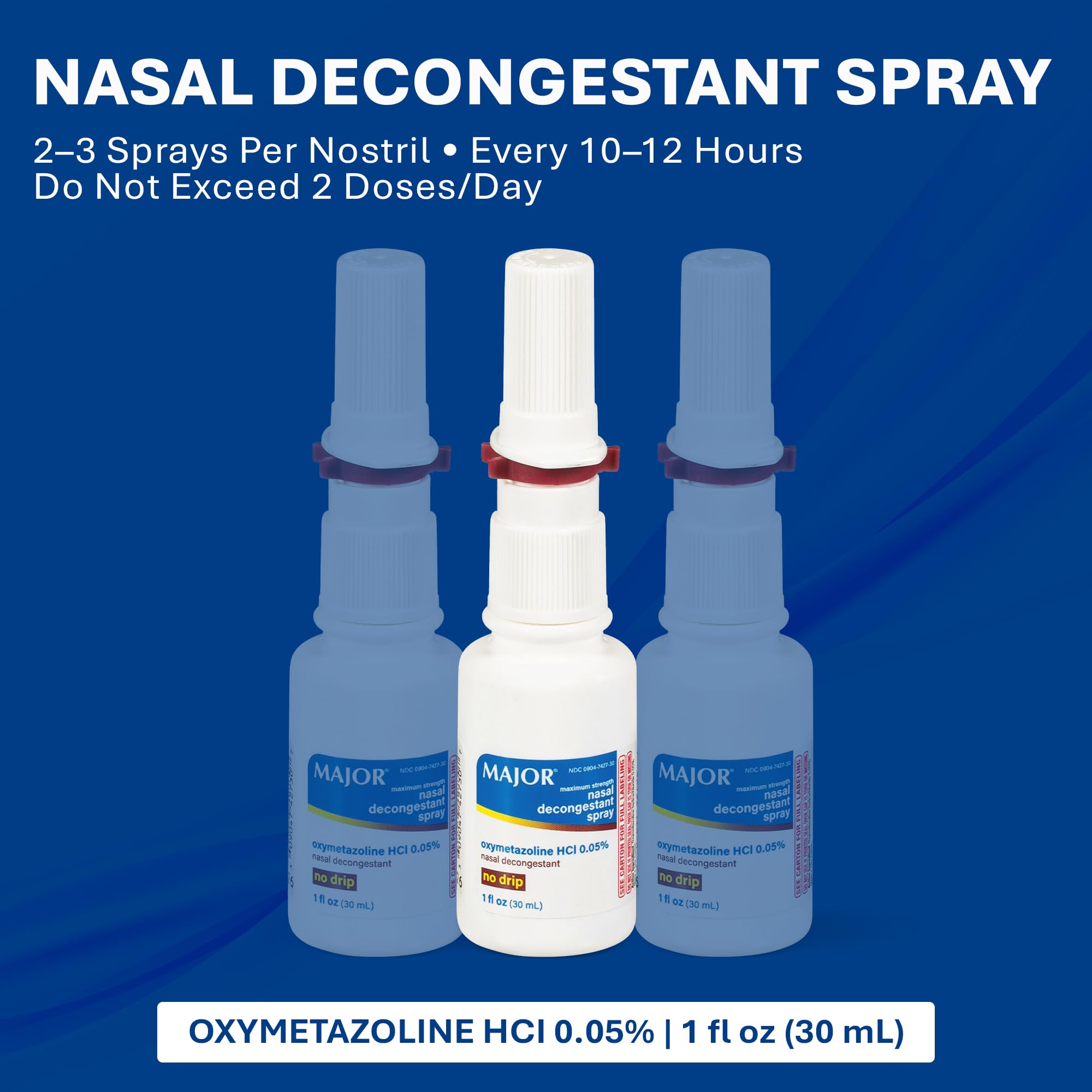 MAJOR nasal decongestant spray closeup of bottle for quick use.