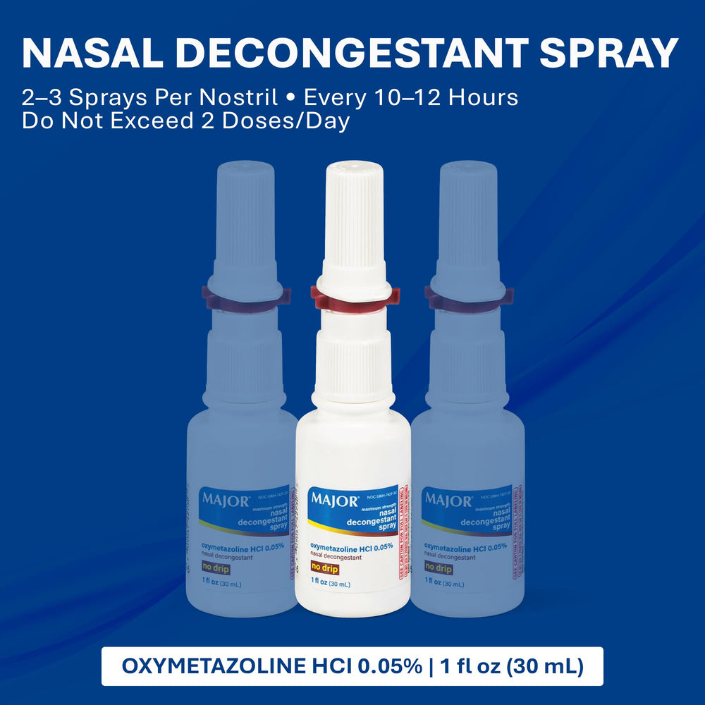 MAJOR nasal decongestant spray closeup of bottle for quick use.