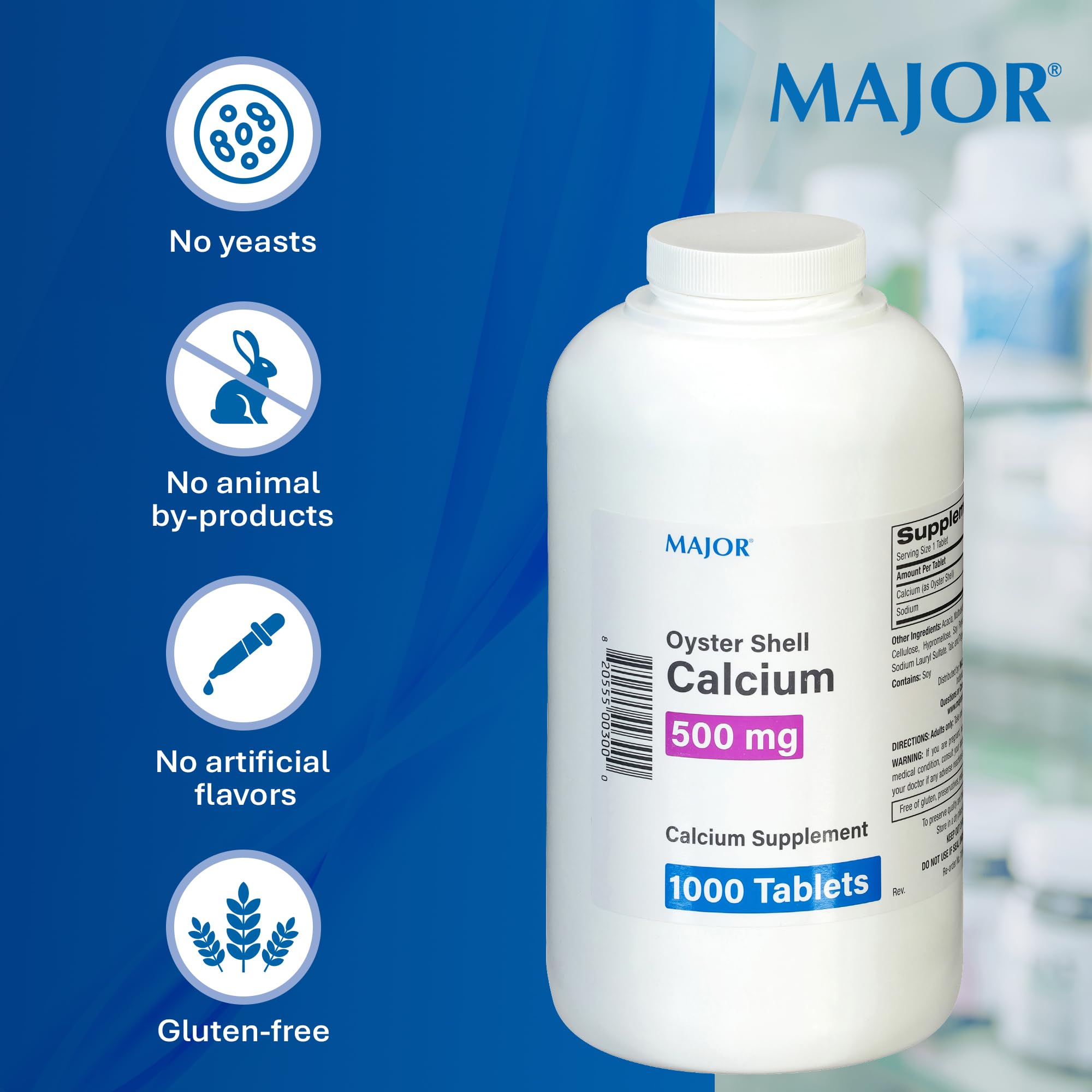 MAJOR Oyster Shell Calcium bottle featuring gluten-free and no artificial flavors on label.