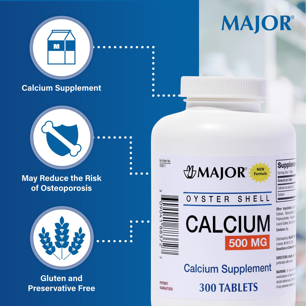 Major Oyster Shell Calcium 500 mg tablets close-up highlighting calcium supplement