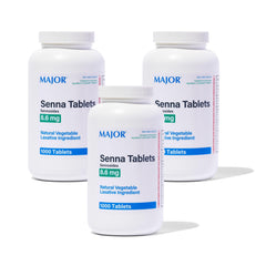 MAJOR Senna bottle hero image shows natural laxative tablets for occasional constipation relief.