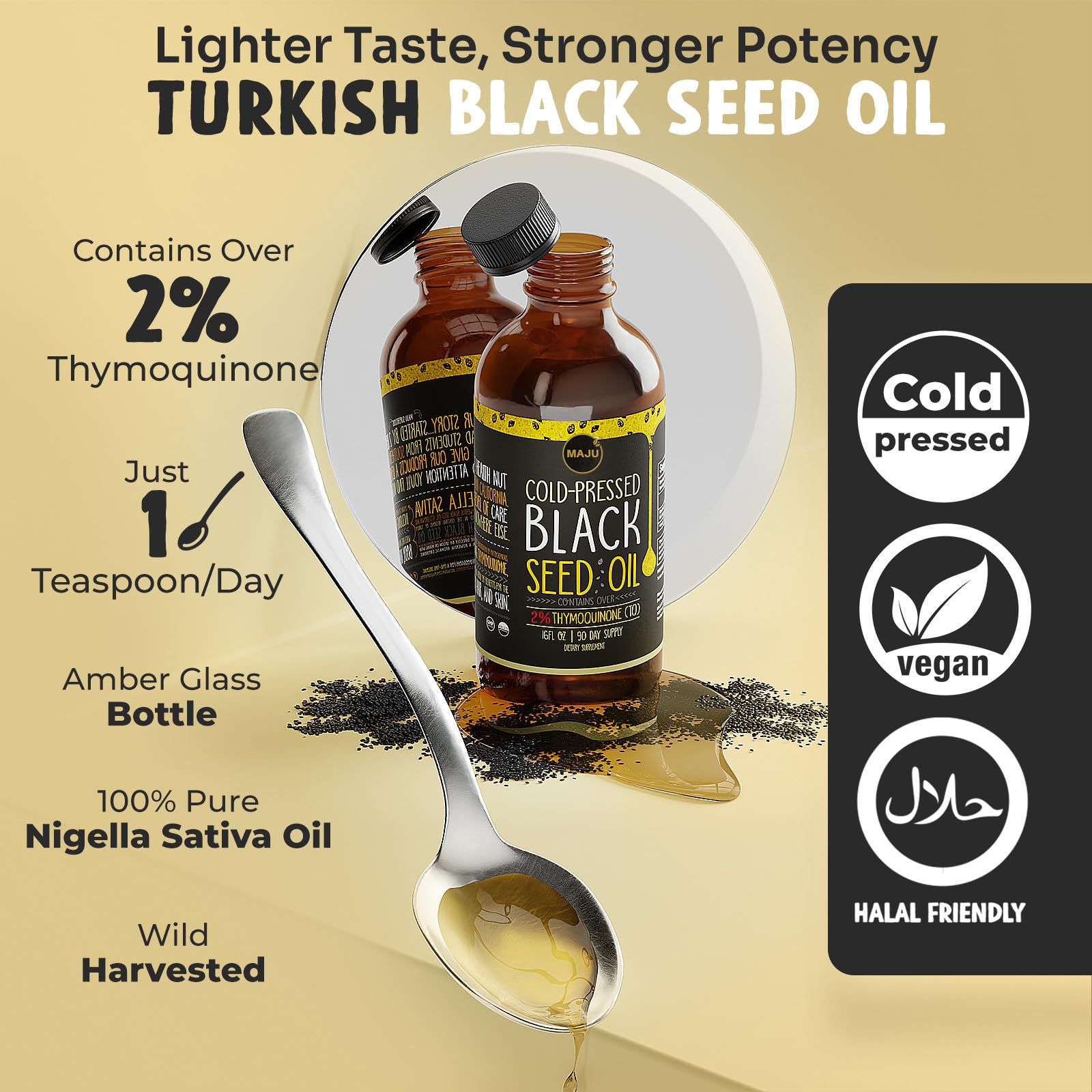 MAJU Black Seed Oil label close-up emphasizing quality and 16oz size