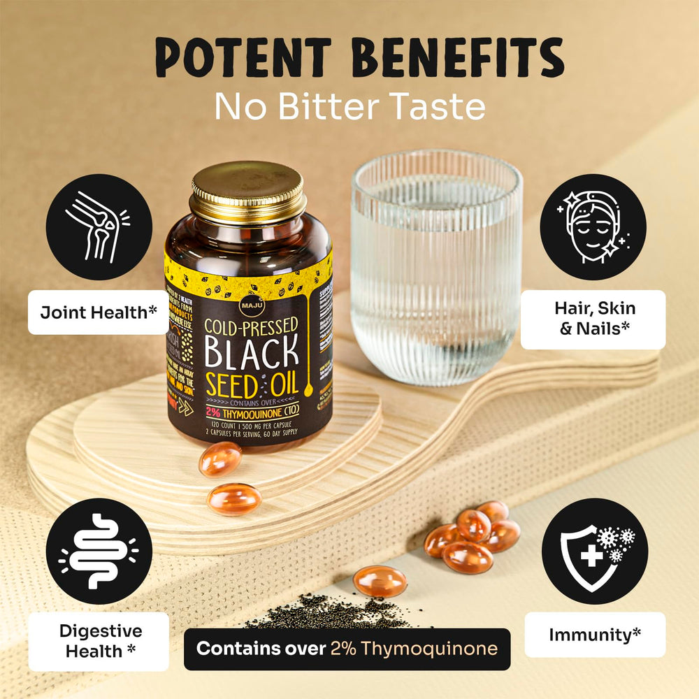 Maju Black Seed Oil Capsules label detail showing halal-friendly formulation