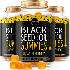 MAJU Black Seed Oil Gummies bottle close-up for daily wellness