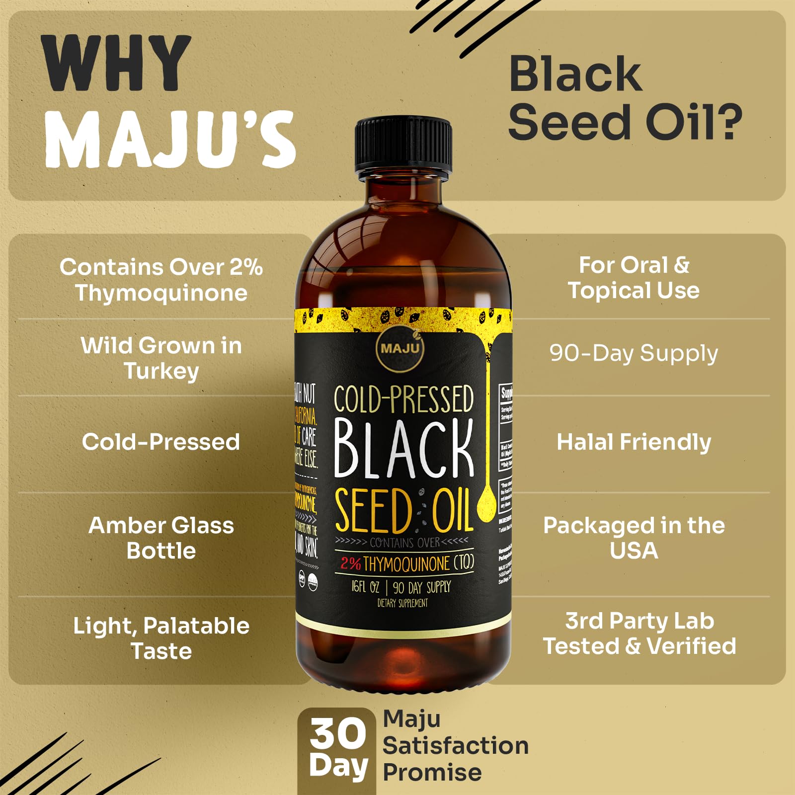 MAJU Black Seed Oil label detail highlights non-GMO purity