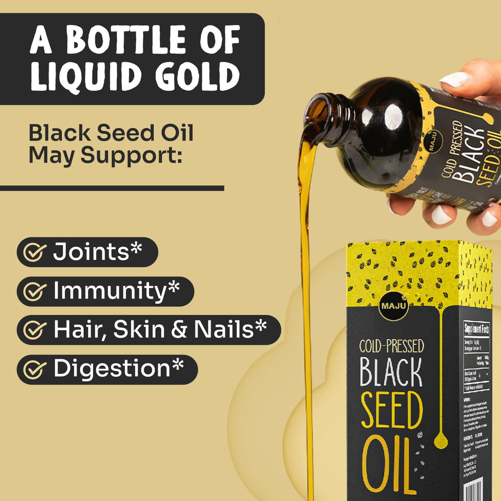 MAJU Black Seed Oil liquid pour demonstrates smooth dispensing