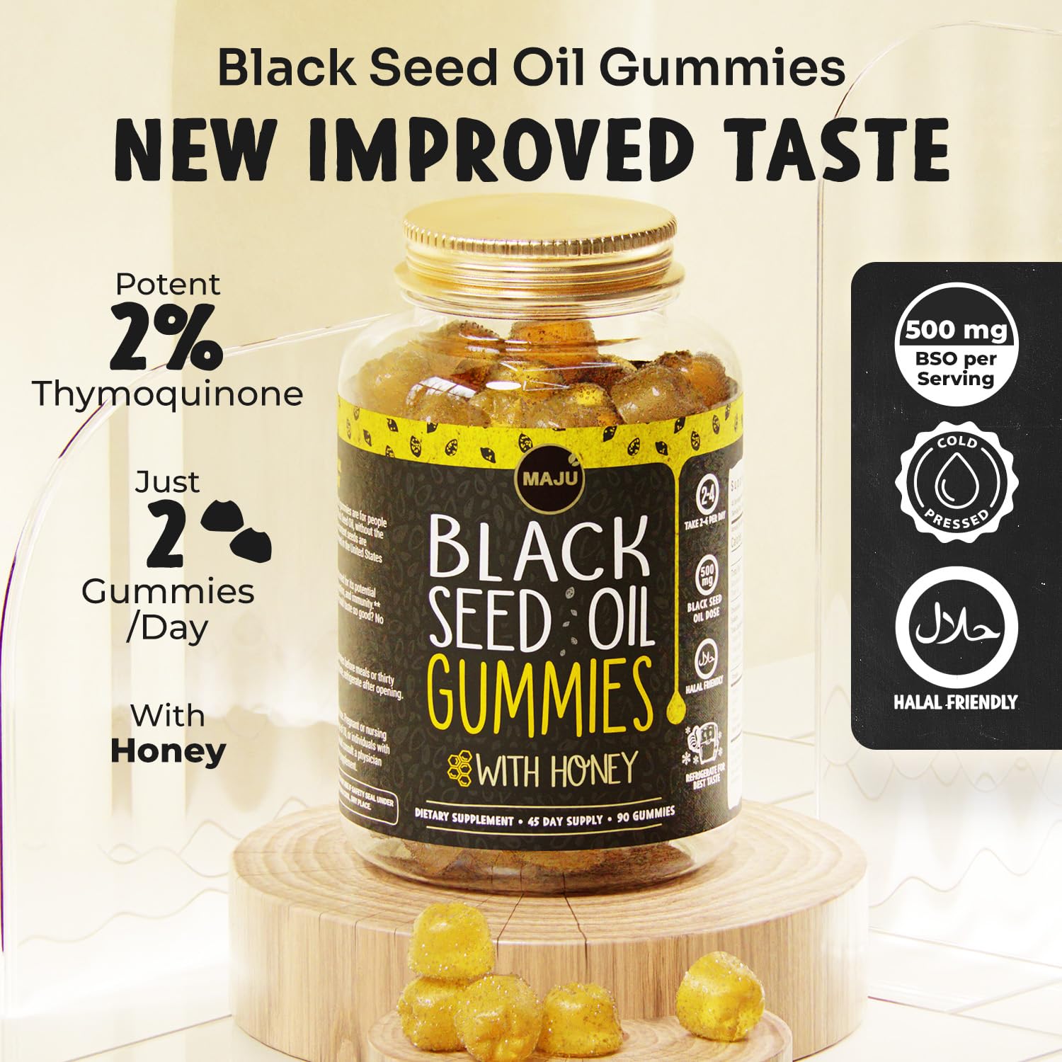 MAJU cold-pressed black seed oil pour emphasizing quality