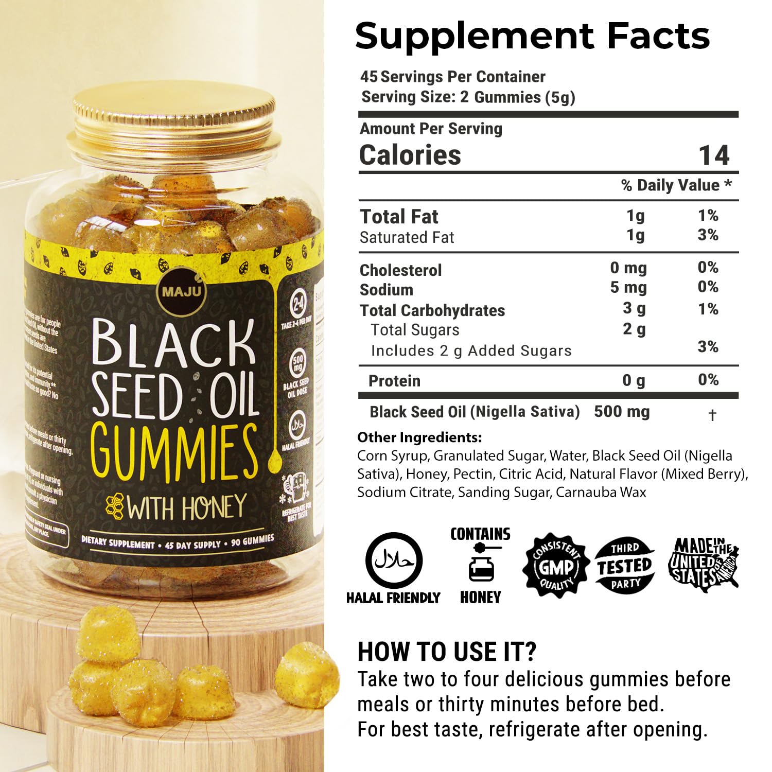 MAJU gummy texture close-up with golden oil specks