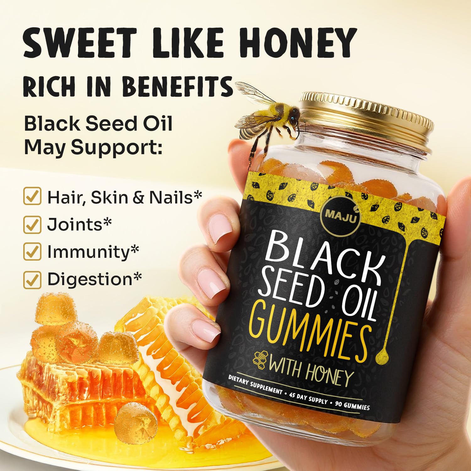 MAJU honey-infused gummy texture close-up with natural sweetness