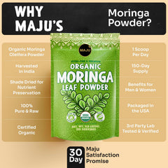 Bag of MAJU moringa powder with powdery texture.