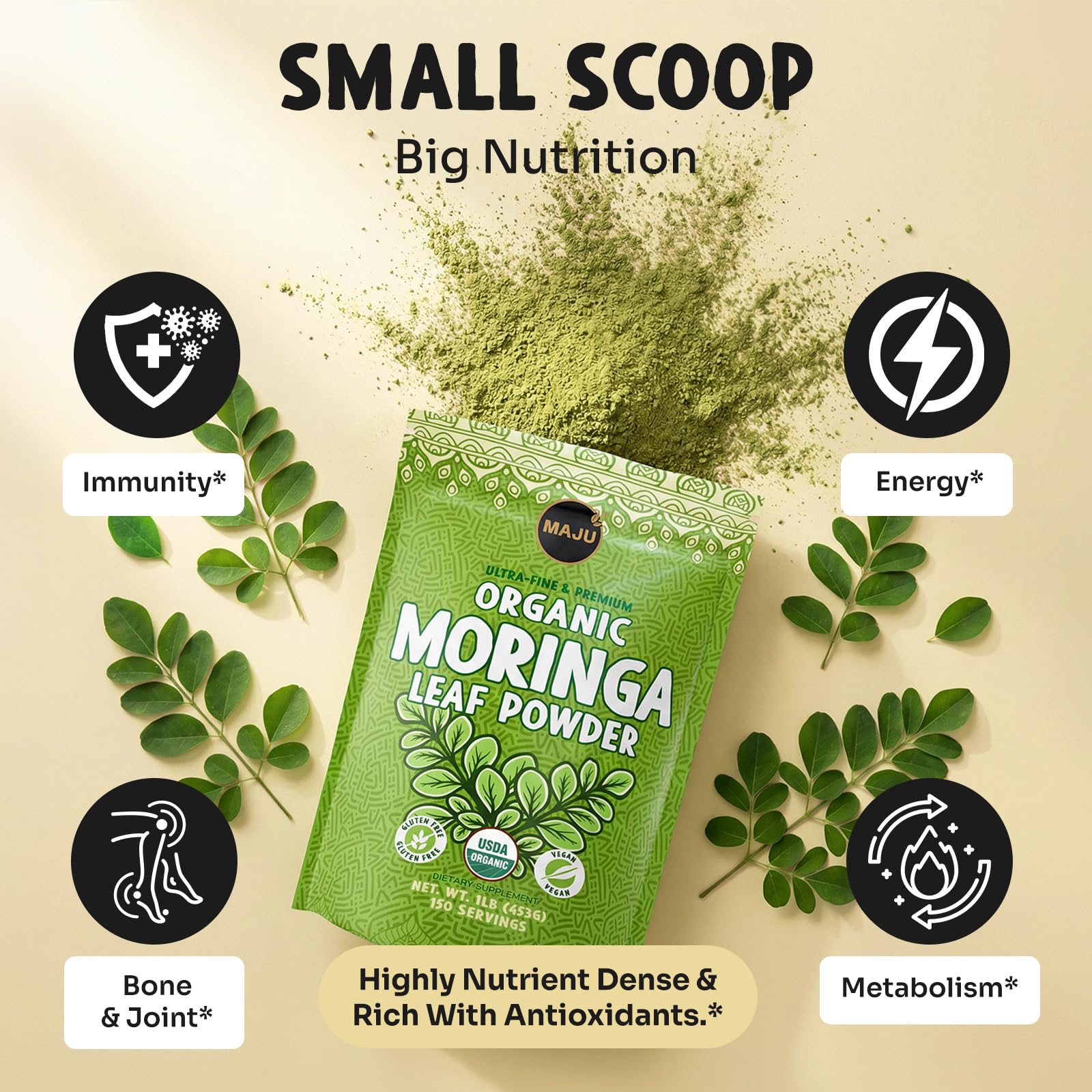 MAJU moringa powder added to smoothie for vibrant green color.