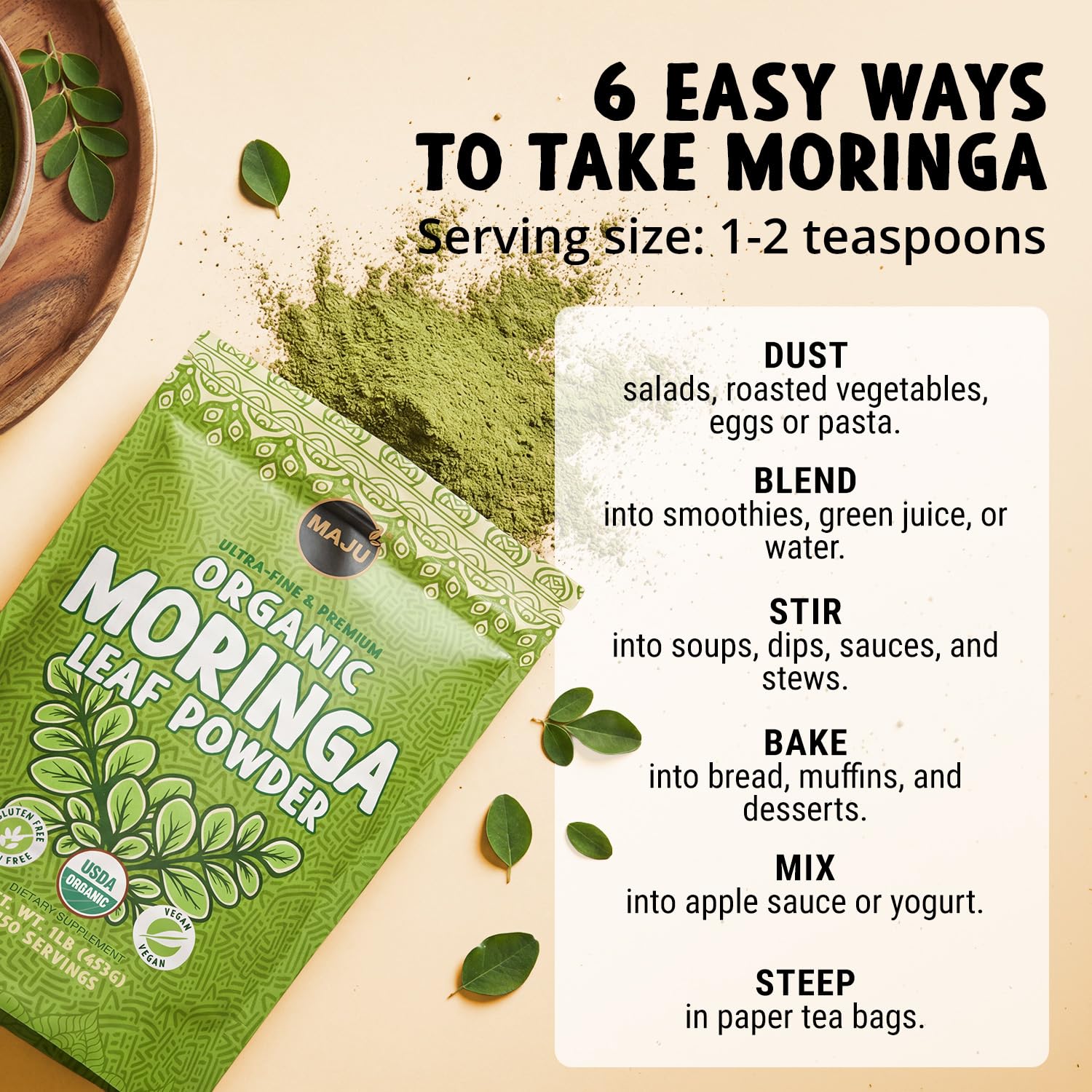 Steeping MAJU moringa powder releases a fresh aroma.