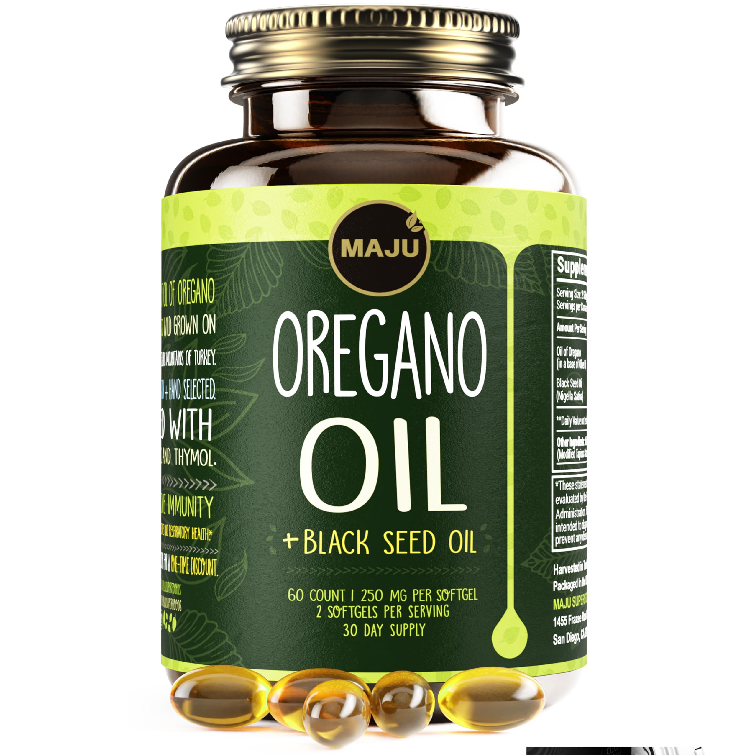 MAJU Oregano Capsules bottle showing high-potency oregano and black seed oil.