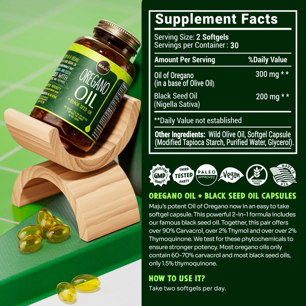 MAJU Oregano Capsules ingredients scene featuring oregano and black seed oil.