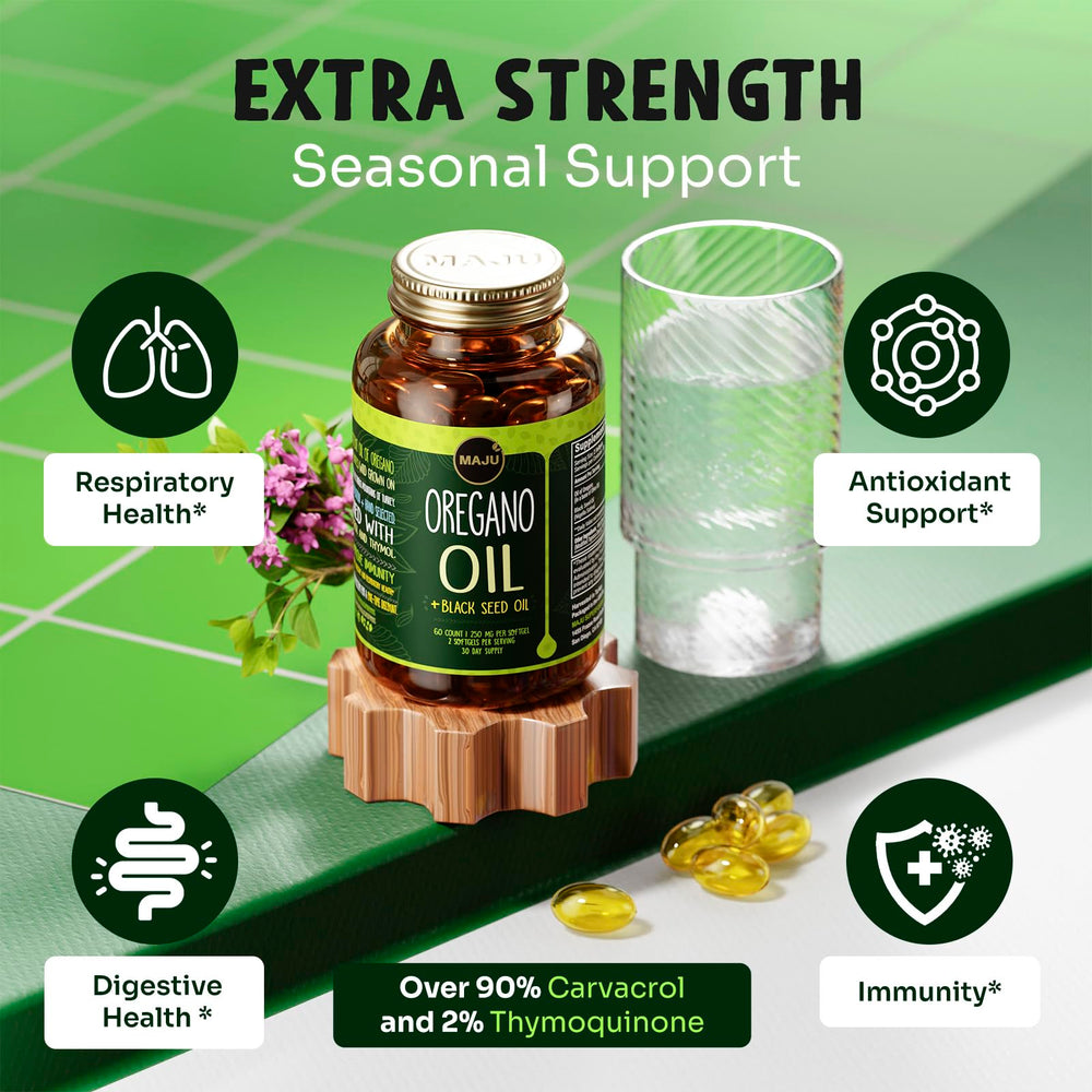 MAJU Oregano Capsules label close-up highlighting carvacrol content.