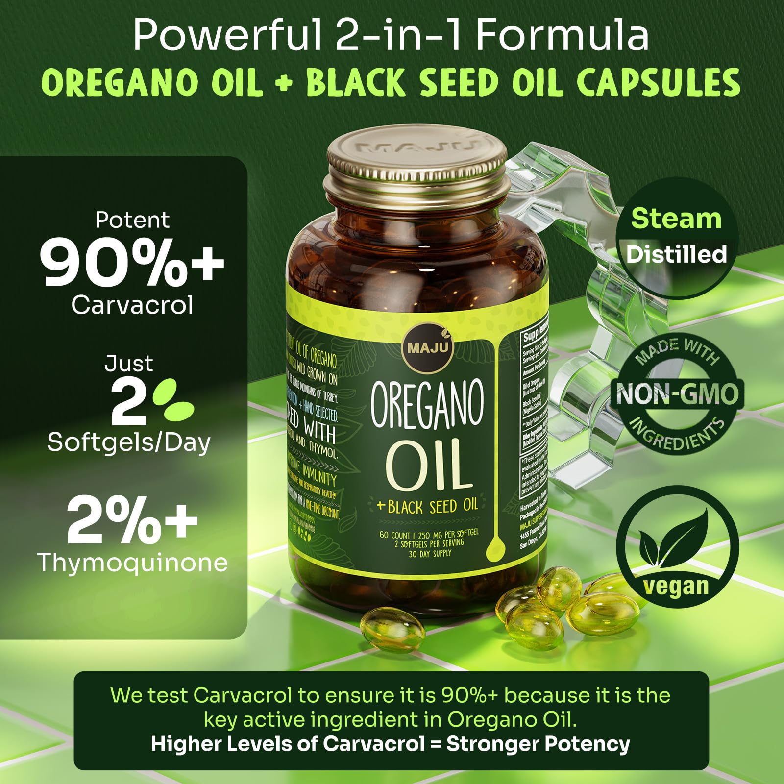 MAJU Oregano Capsules pour image with convenient softgels for daily use.