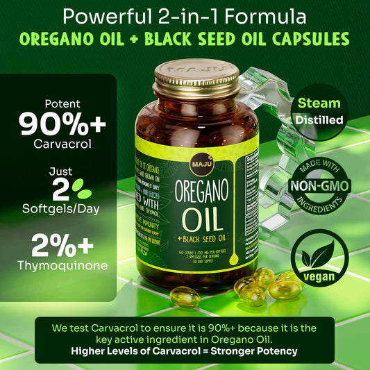 MAJU Oregano Capsules pour image with convenient softgels for daily use.