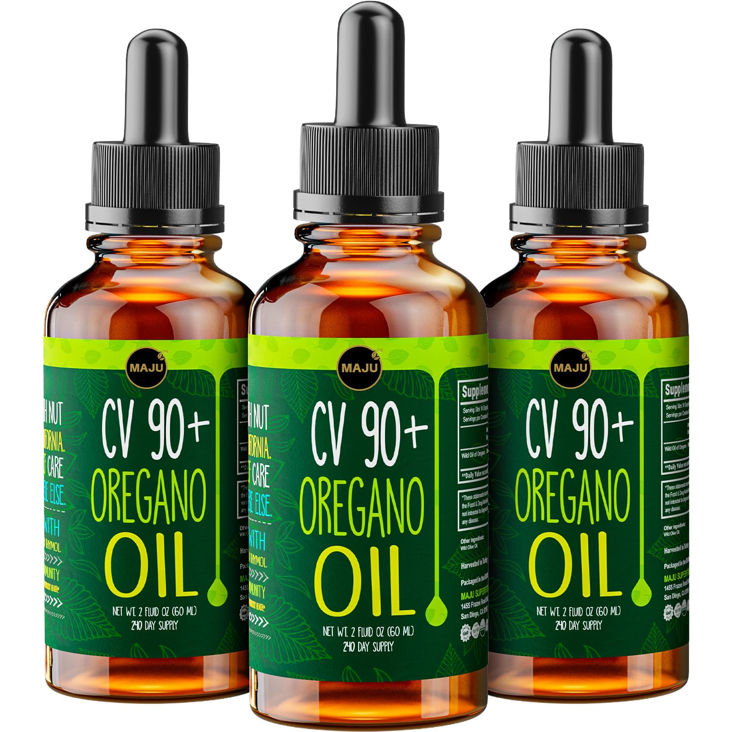 MAJU Oregano Oil Drops bottle shown, highlighting high carvacrol potency for daily support