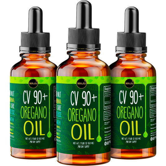 MAJU Oregano Oil Drops bottle shown, highlighting high carvacrol potency for daily support