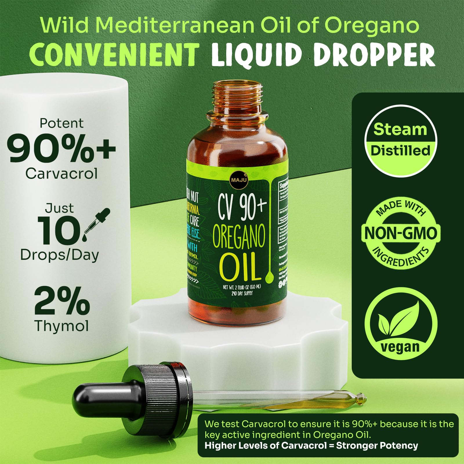MAJU oregano oil drops pour-top demonstrates precise dosing for routine use