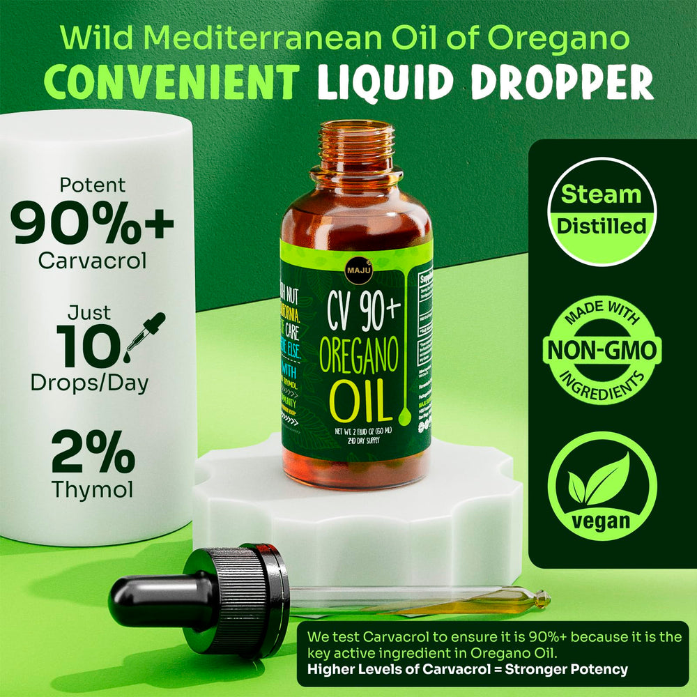 MAJU oregano oil drops pour-top demonstrates precise dosing for routine use