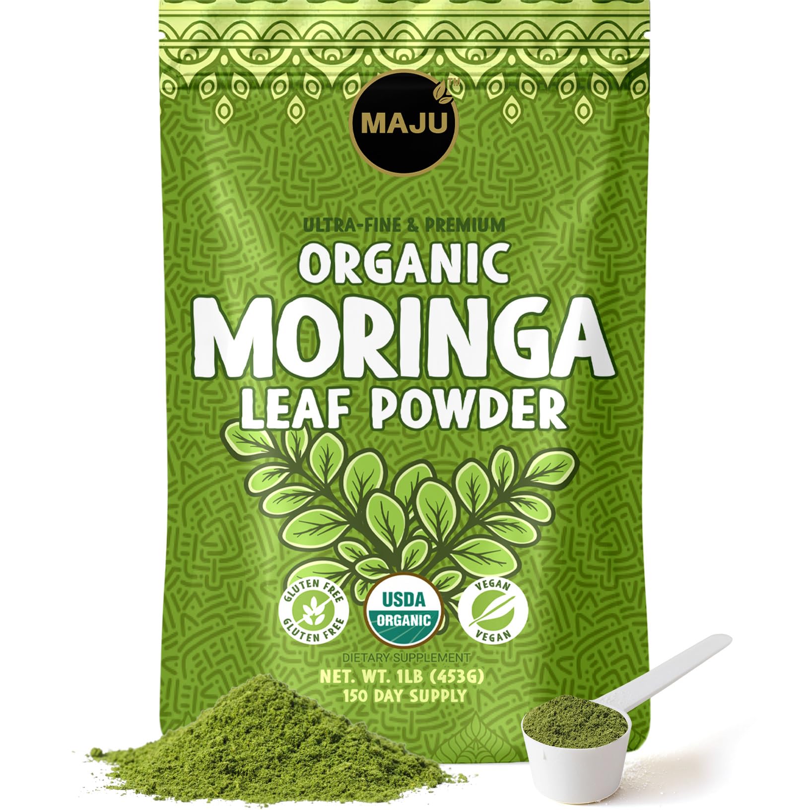 MAJU Organic Moringa Powder 1lb packaging emphasizes premium quality.