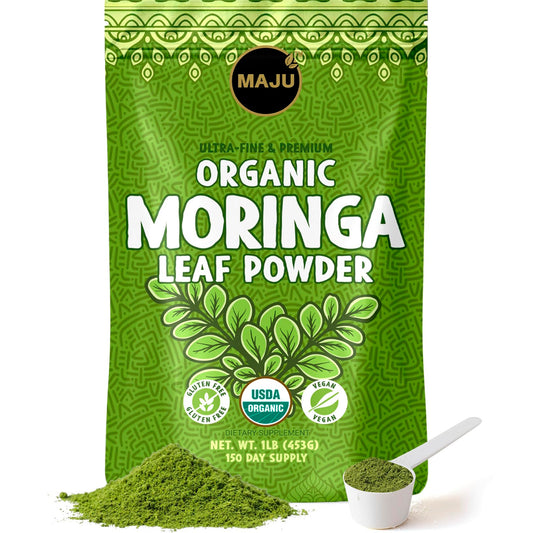 MAJU Organic Moringa Powder 1lb packaging emphasizes premium quality.