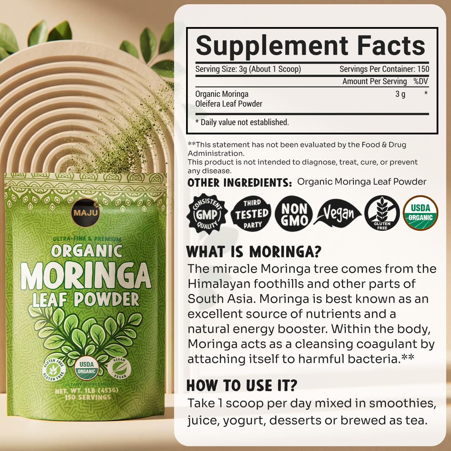 Bottle of MAJU Organic Moringa Powder ready for smoothies.