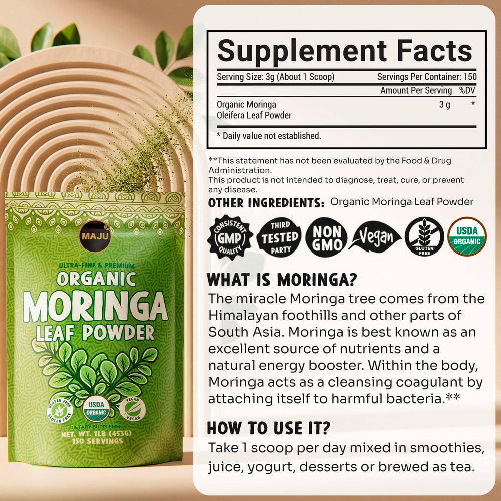 Bottle of MAJU Organic Moringa Powder ready for smoothies.