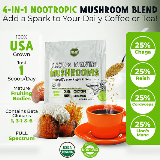 MAJU spoon-stirs coffee, easy mixing for a mushroom blend.