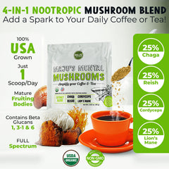 MAJU spoon-stirs coffee, easy mixing for a mushroom blend.