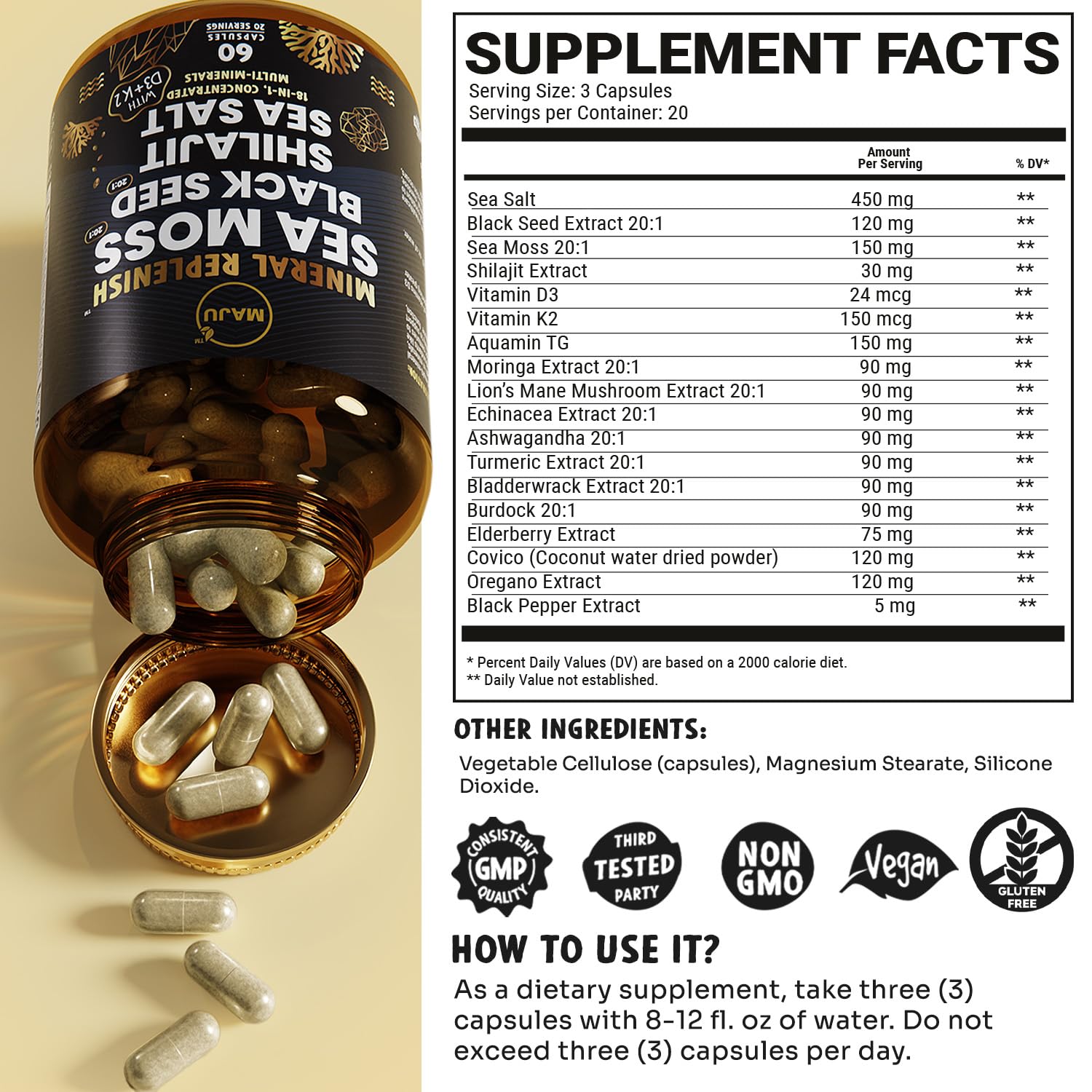 Maju Superfoods hydration-support capsules arranged for easy daily use.