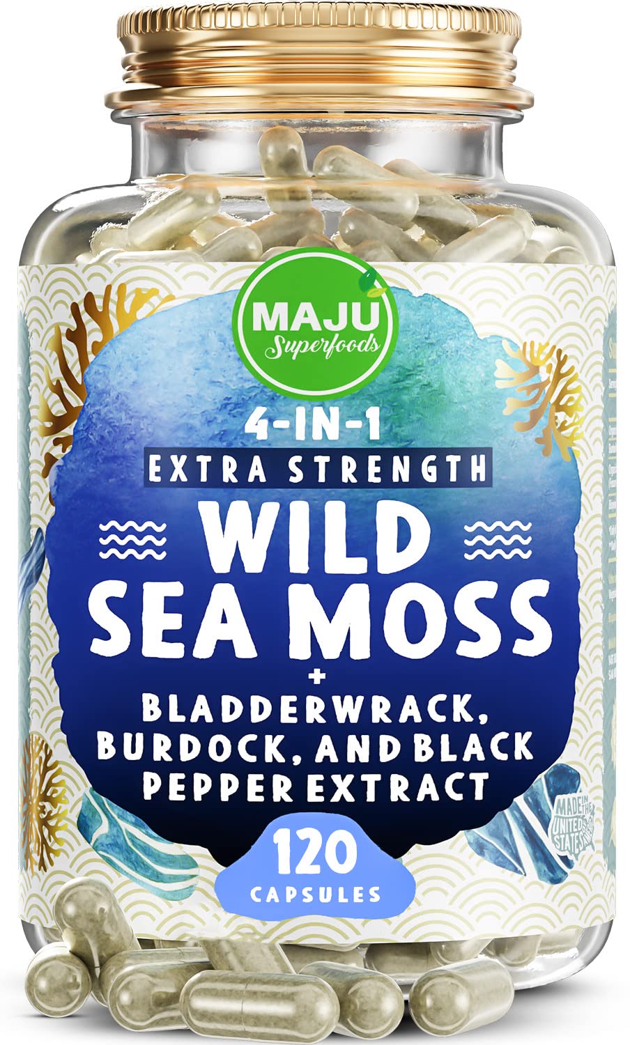 MAJU Wild Irish Sea Moss Capsules bottle 120ct for daily use.