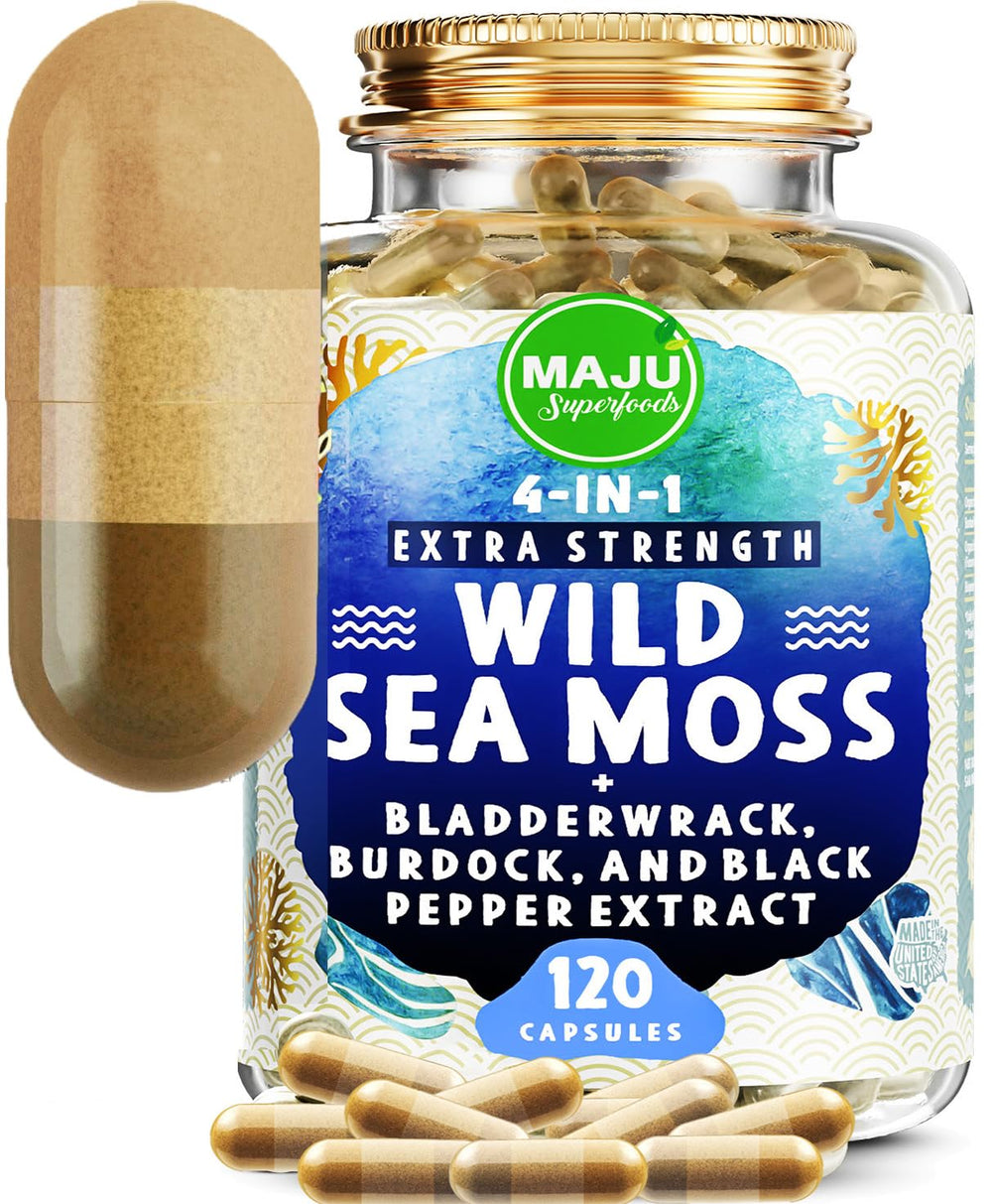 MAJU Wild Irish Sea Moss capsules on bottle front for daily wellness