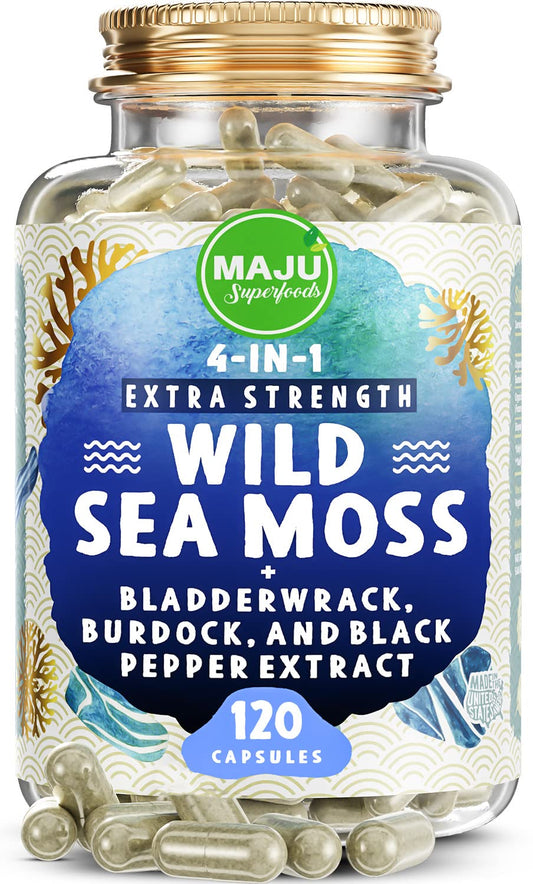 MAJU Wild Irish Sea Moss capsules bottle showing convenient daily wellness support.