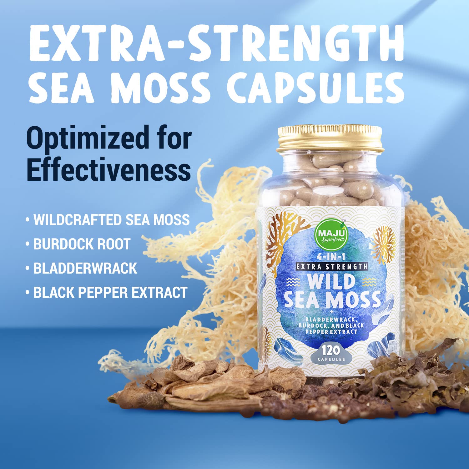 Packaging highlights organic, wild-crafted sea moss blend.