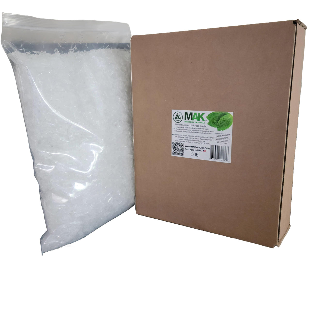 MAK Menthol Crystals in a 5 lb bag for long-lasting freshness.