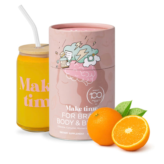 MAKE TIME brain health powder bottle front for daily focus boost.