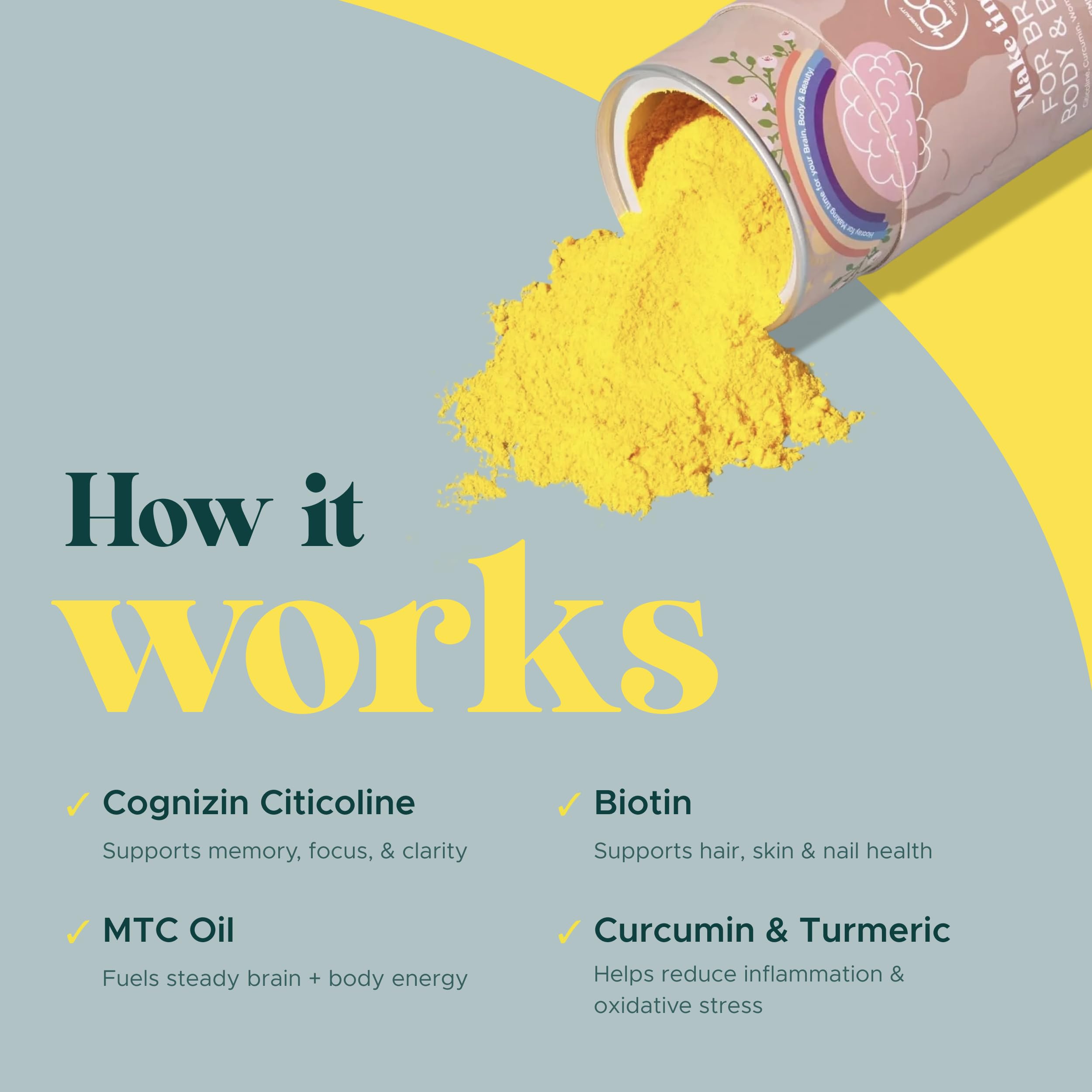 Glass shows orange-flavored MAKE TIME brain health powder mixed in drink.