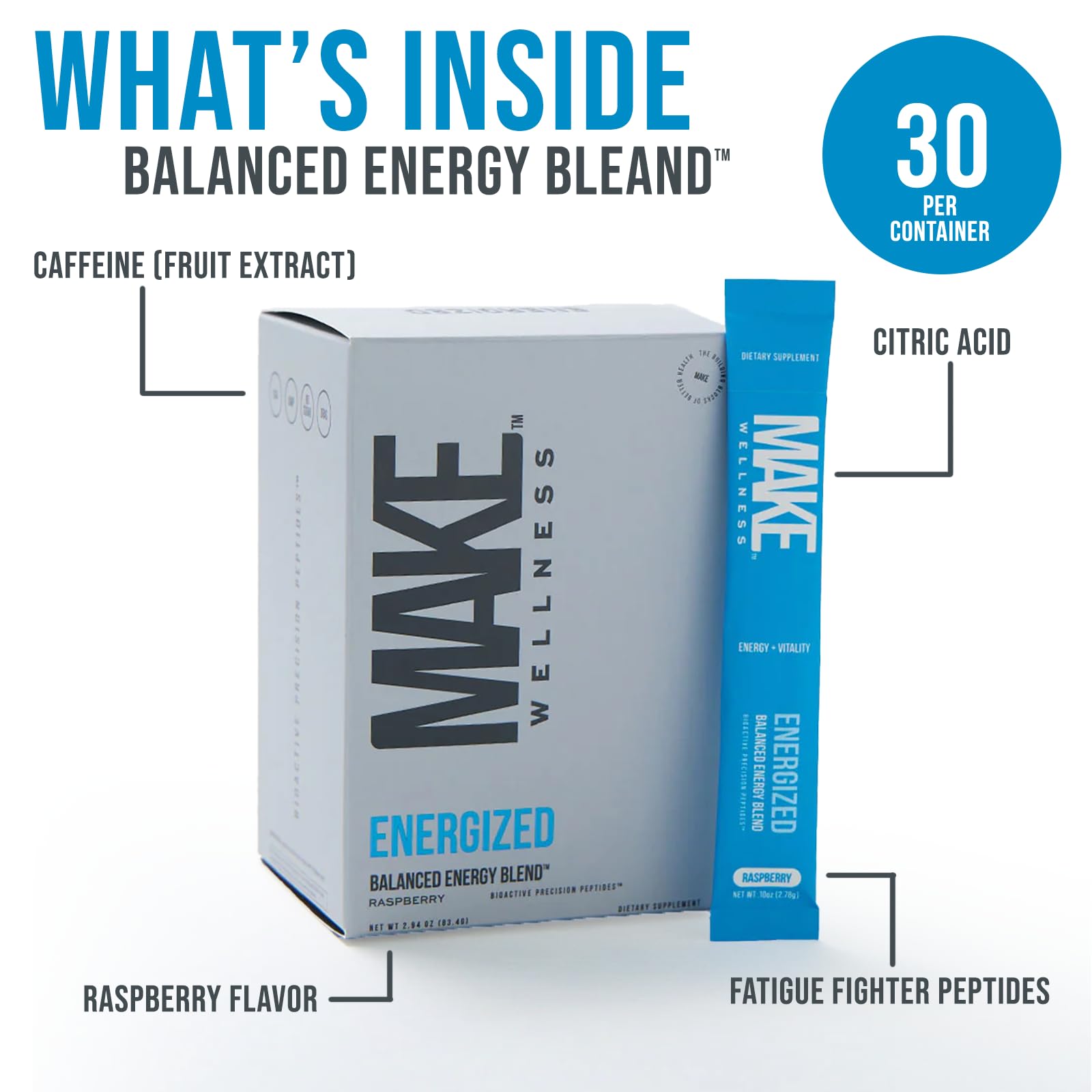 Make Wellness Energized bottle back with ingredients and usage details for jitters-free energy.