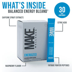 Make Wellness Energized bottle back with ingredients and usage details for jitters-free energy.