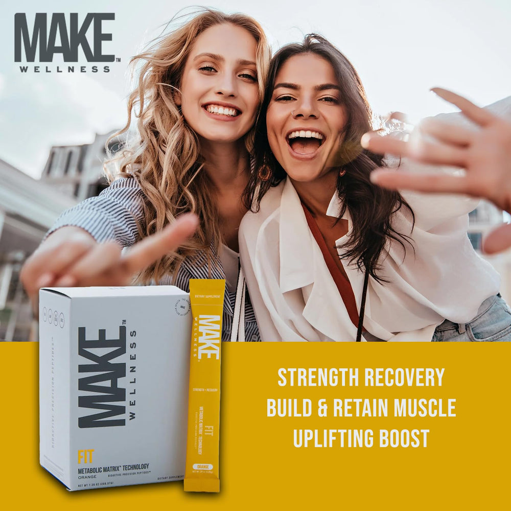 Make Wellness FIT Peptides orange-flavor close-up highlighting refreshing post-workout taste.